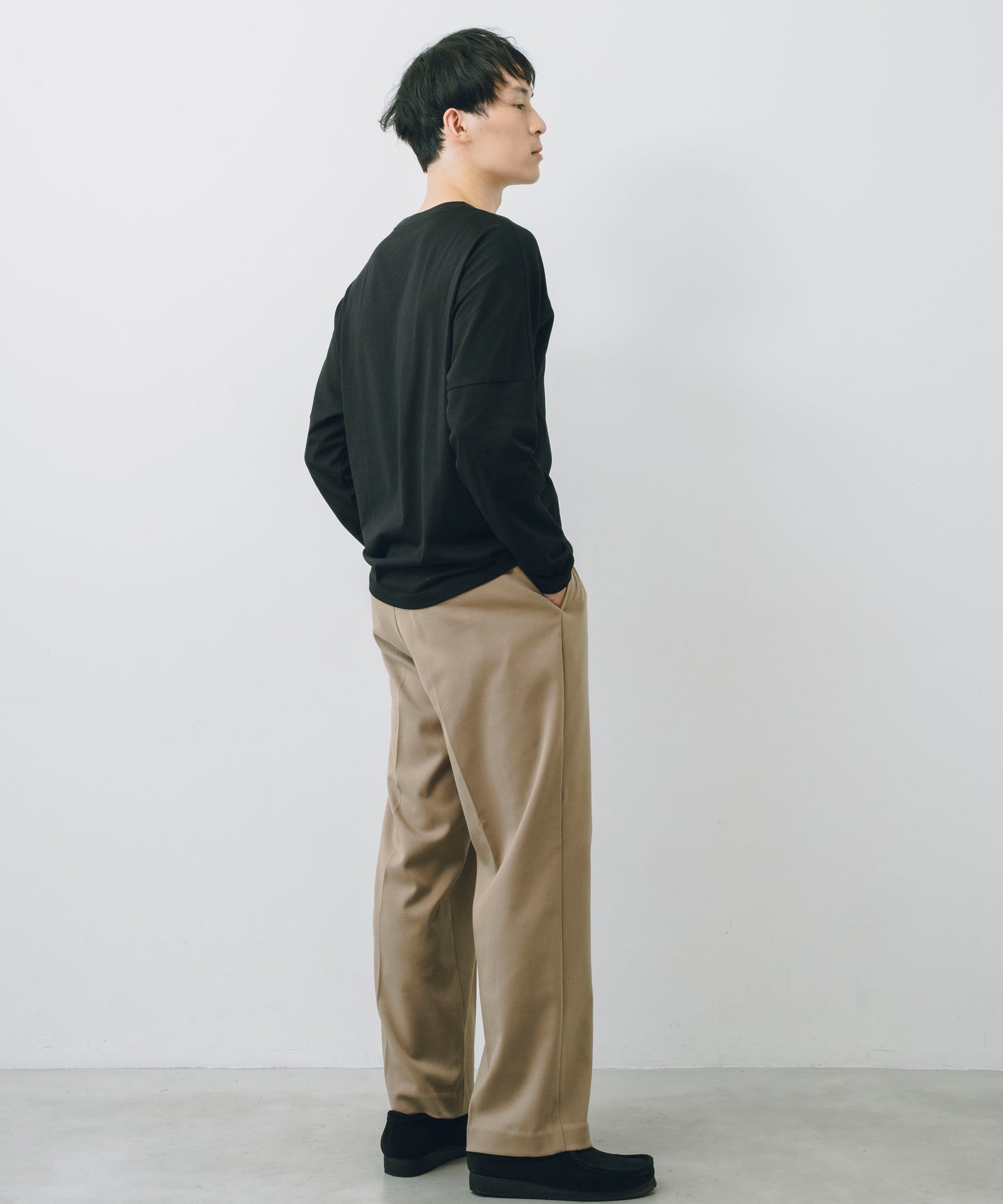 Wool-Blend Twill Tuck Wide Slacks